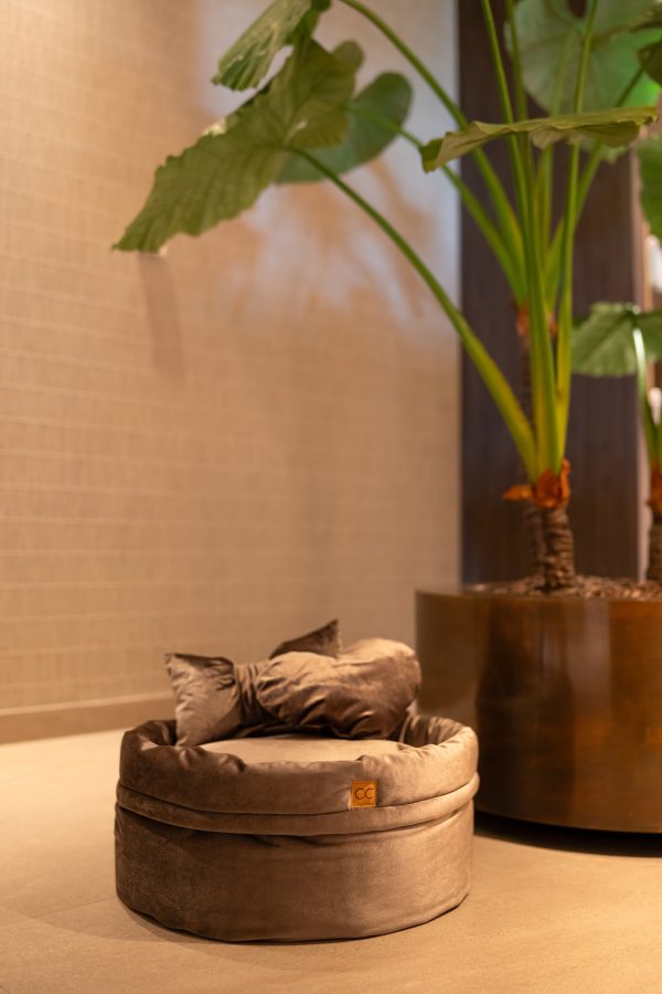 Luxe velvet hondenmand set taupe speelgoedmand sierkussens
